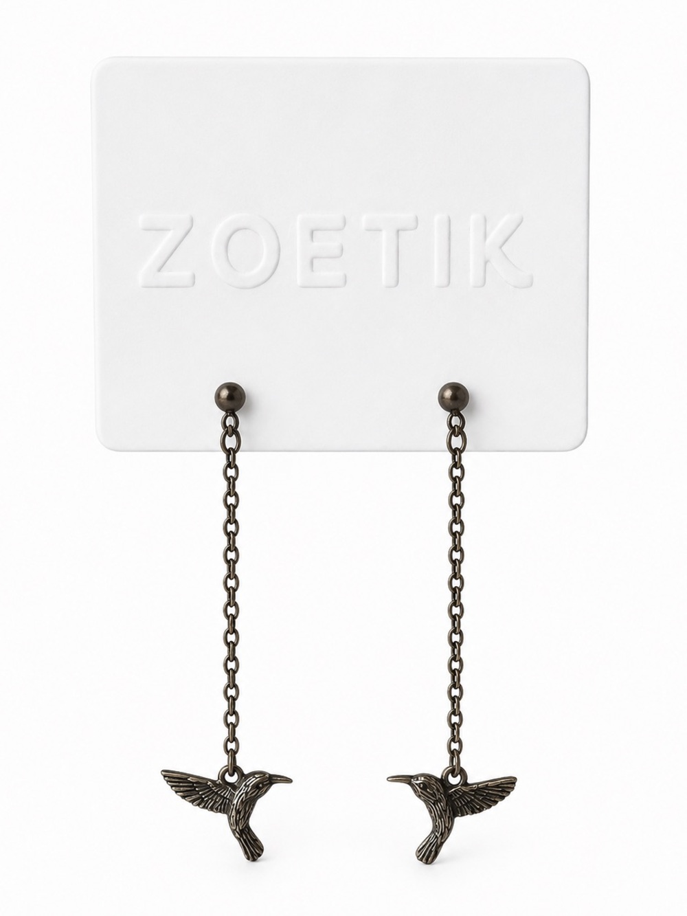 Zoetik Gunmetal Hummingbird Chain Drop Earrings Bird Dangle Boho NWT Boutique